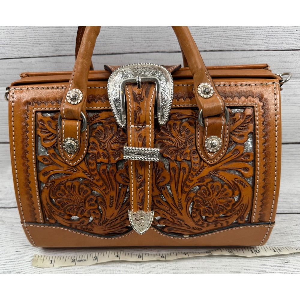 Montana Silversmiths Tooled Leather Satchel Western‎ Buckle Bag Brown Handbag - Picture 9 of 11